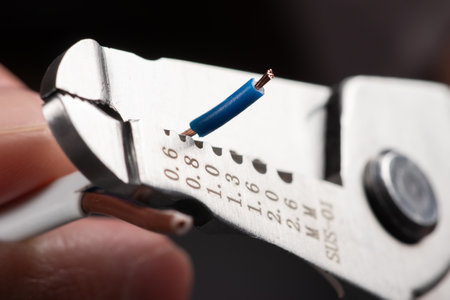 Close-up of a stripped ground wire by a wire stripper.の写真素材