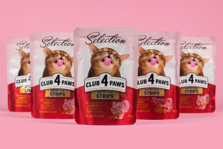 Dnipro, Ukraine - August 18, 2023: Club 4 Paws Premium Selection branded cat pet food.のeditorial素材