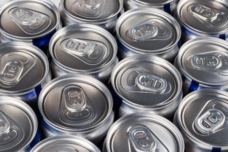 metal beer cans background close up.の写真素材
