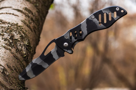 Tactical knife stuck in a tree stump in a forest.