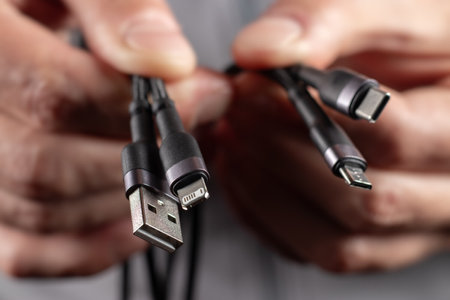 hands holding universal adapter cable from USB connector to micro USB, mini-USB and other connectors.の写真素材