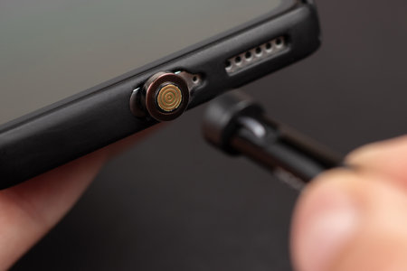 Magnetic cable for charging smartphone, close upの写真素材