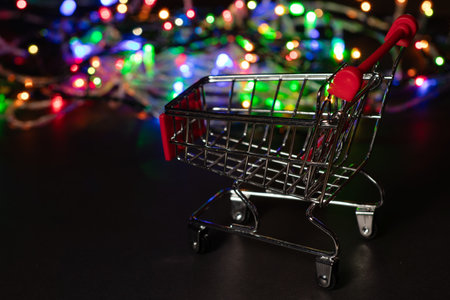 New year shopping. Shopping cart on Christmas garland light backgroundの写真素材