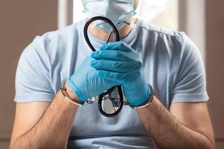 A medical officer, doctor, or quack in a blue medical uniform in handcuffs. The concept of crimes committed by medical personnel or providing medical services without a license.の写真素材