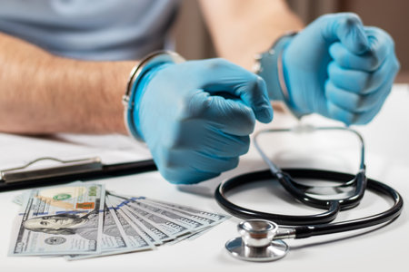Doctor with handcuffs and money. Medical crime.の写真素材