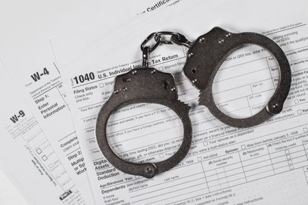 Income tax return documents and handcuffs. Tax evasion, crime and fraud conceptの写真素材