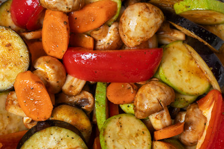 Full background of roasted colorful autumn vegetables.の写真素材