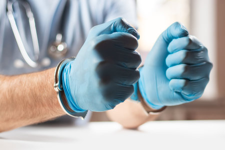 A medical officer, doctor, or quack in a blue medical uniform in handcuffs. The concept of crimes committed by medical personnel or providing medical services without a license.の写真素材