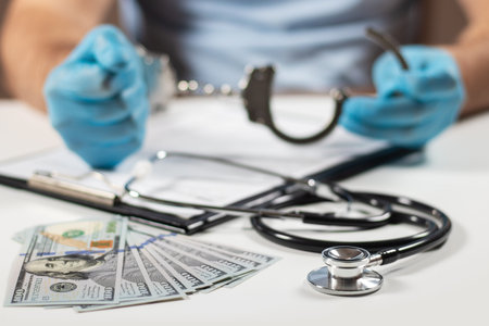 A doctor with dollar bank notes and handcuffs. concept of medical corruption, bribery, crime.