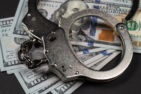 American dollars and handcuffs, Concept of ideas of corruption, dirty money or financial crimes.の写真素材