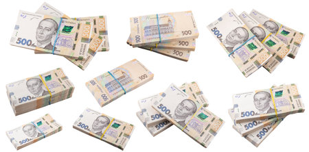 Stack of Ukrainian money hryvnia grivna, hryvna with 500 banknotes. Collection.の写真素材