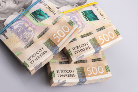 Stack of Ukrainian money hryvnia. grivna, hryvna with 500 banknotes.の写真素材
