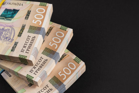 Stack of Ukrainian money hryvnia. grivna, hryvna with 500 banknotes.の写真素材