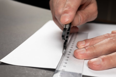 Man cuts paper with a stationery knife and ruler close up.