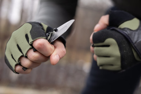 Hand in tactical glove, holding folding knife, close up.