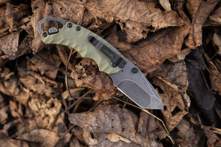 Tactical knife on dry autumn leaves in the forest.の写真素材