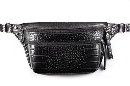 Black Crocodile Leather Banana Bag Black Business Office bag with zipper on isolated.の写真素材