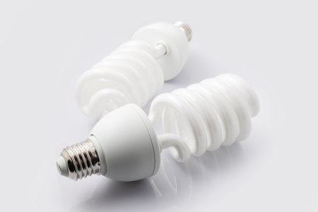 two fluorescent light bulb on white background.の写真素材