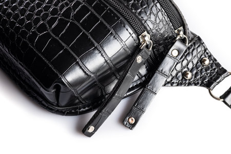 Black Crocodile Leather Banana Bag Black Business Office bag with zipper on isolated.の写真素材