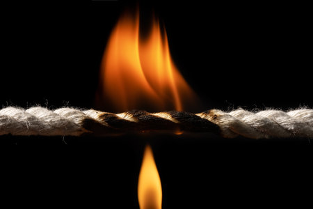 Burning rope at breaking point on black background, Risk concept.の写真素材