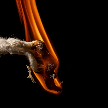 Burning rope at breaking point on black background, Risk concept.