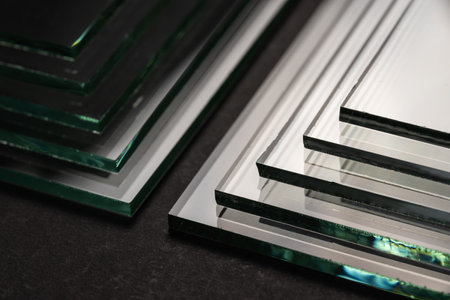 Sheets of Factory manufacturing tempered clear float glass panels cut to size.の写真素材