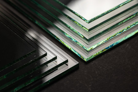 Glass factories produce glass used in buildings and homes. There are many different thicknesses and sizes.の写真素材