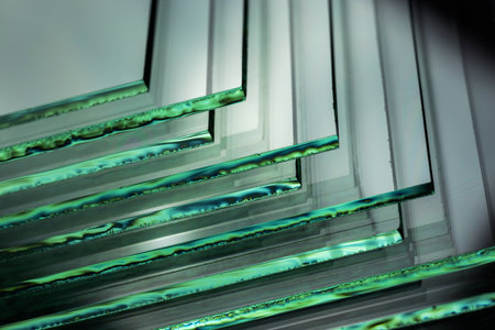 Sheets of Factory manufacturing tempered clear float glass panels cut to size.の写真素材