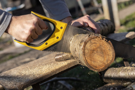 Man sawing handsaw old tree. Man at work. Male hand with a saw.の写真素材