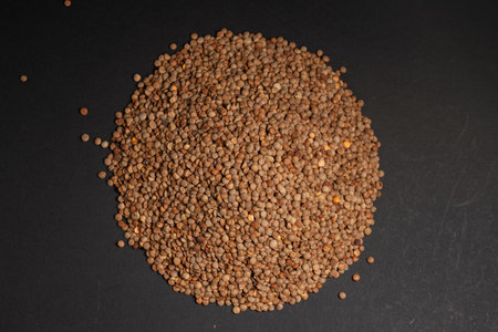 Top view of dry brown lentils on dark.