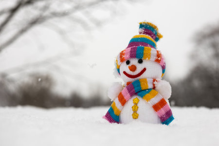 A fabric snowman in hat, scarf, in winter forest. Concept of winter, snow and childhoodの写真素材