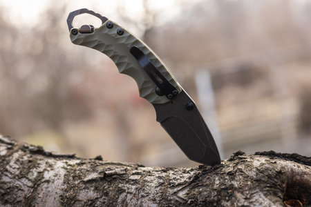 tactical knife on tree in the forest.の写真素材