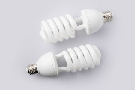 two fluorescent light bulb on white background.の写真素材