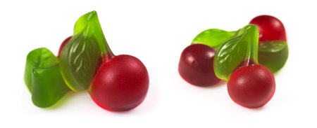 Fruit jelly candies in form of cherries on white background.の写真素材