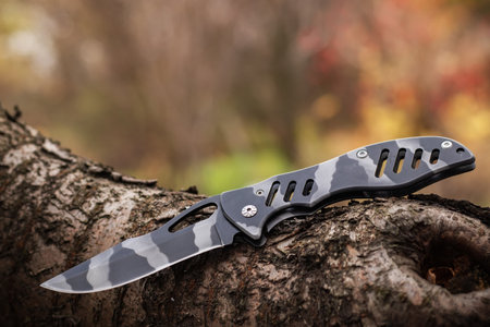 tactical knife on tree in the forest.の写真素材