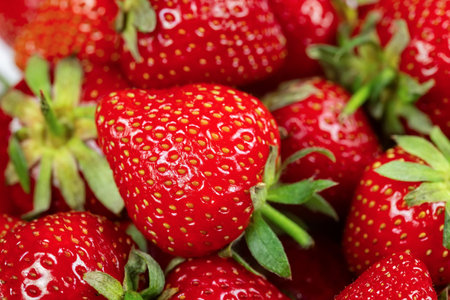 background from freshly harvested strawberries, directly above.の写真素材