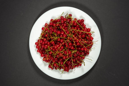 natural, juicy red currents in a white plate, close-up selective focus.の写真素材