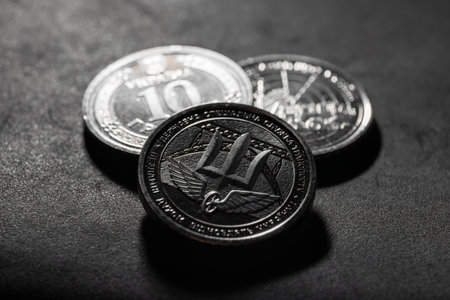 Ukrainian 10 hryvnias coins. New Ukrainian 10 hryvnia coins Special Operations Forces of Ukraine Armed Forces. Money and finances. Ukrainian coinsの写真素材