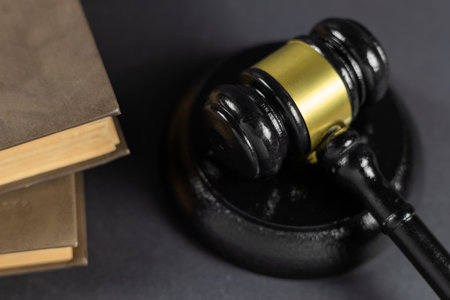 Lawyer or judge's hammer in court. The hammer is on the wooden table. Legal subject with book.の写真素材