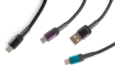 USB type A, USB type C cable isolated on white background.