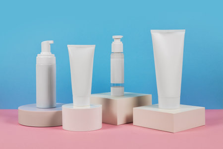 cosmetic product mockups on geometric podiums. Background for presentation of cosmetics.の写真素材