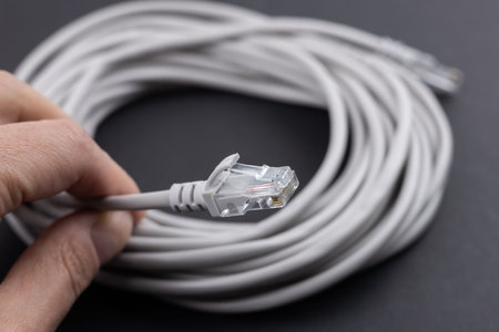 RJ-45 crimped red ethernet connector, unshielded twisted pair UTP cable end in hand, macro, detail,...