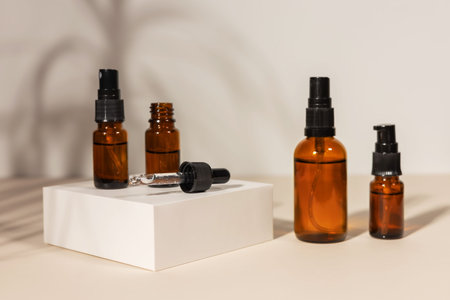 brown glass bottle with a pipette on a podium on a beige background, natural cosmetic concept.