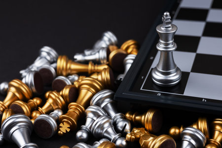 top view shot of silver king surrounded with silver and golden chess pieces a lying behind chess...