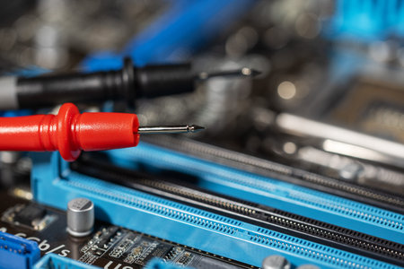 red and black multimeter probe probing electric components on circuit board. Diagnostic testing in...
