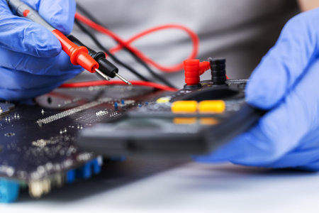 Technician under fixed and repairing computer mainboard process by used multimeter AC Voltage for...