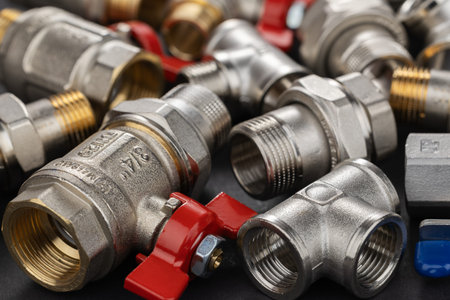 water ball valve with connecting fitting, on dark background.