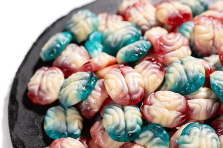 colorful brain shape jelly candies, delicious colorful Halloween sweets.