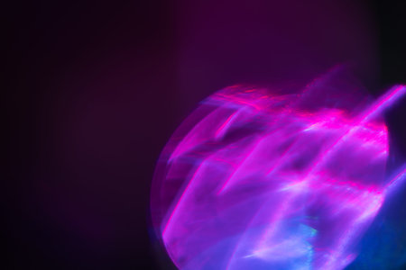 Blur neon light. Lens flare overlay. Bokeh fluorescent flash gleam. Defocused blue purple color...