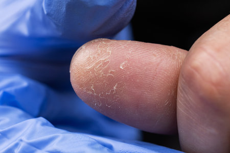 A doctor wearing gloves examines the dry, cracked skin on a patient's fingers.